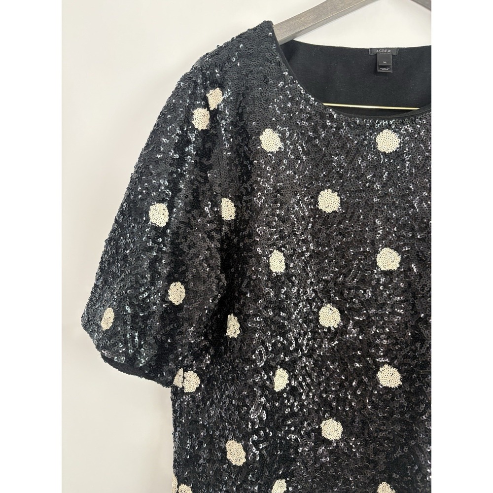 J CREW Women Xl Sequin Scoop Neck Short Sleeve Polka Dot T Shirt Top Black White - Picture 5 of 8